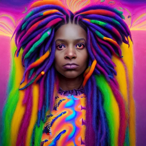 Image similar to a wide angle shot of a black girl with colorful dreadlocks in a field of candy, by Adi granov and afarin sajedi and amanda sage and evgeni gordiets and Agostino Arrivabene and adonna khare in a psychedelic portrait style, ultrarealistic matte painting, volumetric lighting, fractal, extremely symmetrical, highly detailed face, orisha, 8k, hd