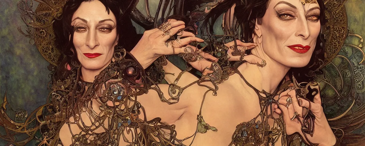 Image similar to stunning exotic art nouveau portrait of anjelica huston as an industrial dieselpunk queen of the night by glenn fabry, simon bisley and alphonse mucha, photorealism, extremely hyperdetailed, perfect symmetrical facial features, perfect anatomy, ornate declotage, spikes, latex, confident expression, wry smile, sinister eyes