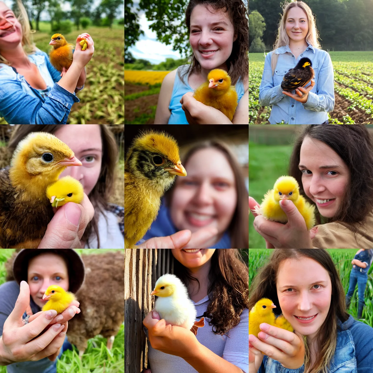 Prompt: A proud young woman in a farm holding up a baby chick extremely close to the camera, almost touching the lens. photograph extremely close wide-angle lens