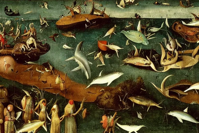 Prompt: a lake filled with fish people, dolphins, flippers hybrid half man half fish, monstruous dolphins, lizards, frogs, toads, jumping flying and eating frogs, close up detail of a masterpiece painting by hieronymus bosch