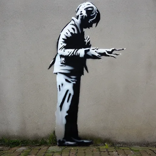 Image similar to banksy street art about being shy and unable to express