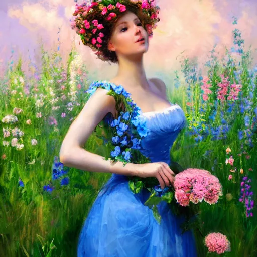 Image similar to a portrait of a romantic woman with flowers grow out of hair, roses peonies forget-me-nots dahlias lupins gladioli, sky theme in background, by Alexandr Averin, Digital Art, Trending on artstation