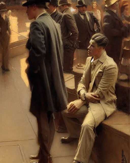 Prompt: attractive man waiting in line to audition for a hollywood movie, paramount movie lot 1 9 2 8 melancholy, nostalgia, painting by gaston bussiere, craig mullins, j. c. leyendecker