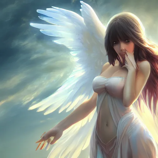 Image similar to an oil painting of a beautiful anime girl with angel wings, by artgerm, wlop and greg rutkowski, hd, hdr, ue 5, ue 6, unreal engine 5, cinematic 4 k wallpaper, 8 k, ultra detailed, high resolution, artstation, award winning