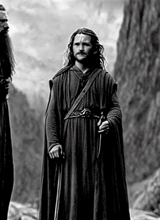 Image similar to : A still frame from the film Lord of the Rings directed by Wes Anderson, 70mm, forest, black and white grainy film photography, chiaroscuro, highly detailed, masterpiece