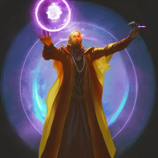 Prompt: a warlock is casting a magic spell while with magic orb floating in his hand , dynamic pose, chromatic aberration , medium level shot, Mucha style , Grim fantasy, illustration ,concept art,