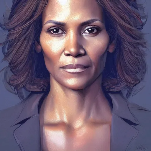 Prompt: portrait of maci holloway, first woman elected as president in usa, cold but beautiful, about 3 5 years old, highly detailed, mix of halle berry and julia roberts gong li,, artstation hd, deviantart, by artgem, greg rutkowski