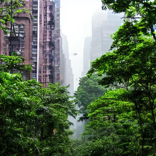 Image similar to Manhattan NYC in the middle of the lush green Amazon rainforest after a torrential downpour