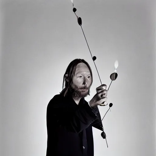 Prompt: aged Thom Yorke, Radiohead singer Thom Yorke, holding the moon upon a stick, with a beard and a black jacket, a portrait by John E. Berninger, dribble, neo-expressionism, uhd image, studio portrait, 1990s