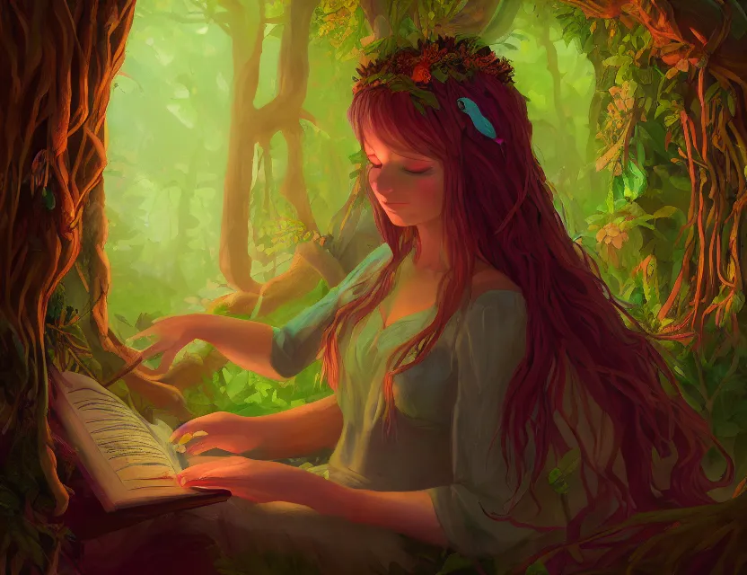 Prompt: forest witch girl in a cozy study. complementary colors, oil painting, indie concept art, bloom, chiaroscuro, backlighting, intricate details.