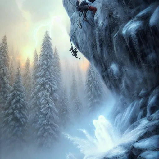 Image similar to climber, extreme cold, storm, octane rendering, volumetric lightning, hyperrealism, no blur, 4 k resolution, ultra detailed, style of ivan shishkin, tyler edlin, anato finnstark