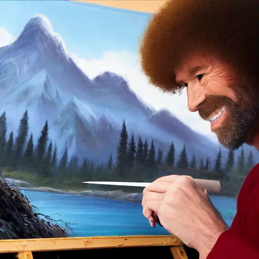 Image similar to a closeup photorealistic photograph of bob ross working on a canvas painting of spiderman. film still. brightly lit scene. mountains and trees. this 4 k hd image is trending on artstation, featured on behance, well - rendered, extra crisp, features intricate detail, epic composition and the style of unreal engine.