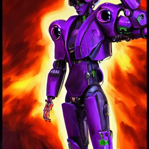 Image similar to Character design sketch with body made of purple fire, mecha humanoid with cyberpunk bomber jacket, concept art character, royalty, smooth, sharp focus, organic, deep shadows by Jerad Marantz, hyper-realistic oil painting, 4k, studio lightning