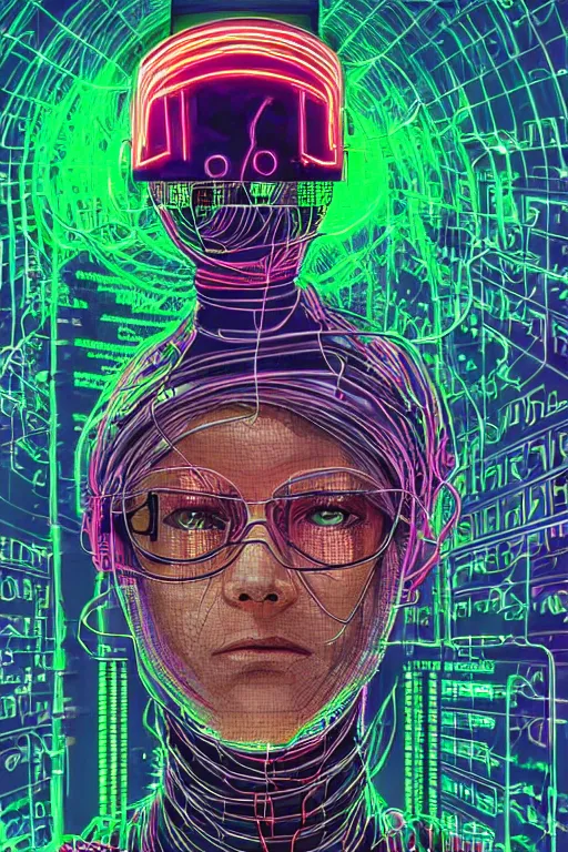 Image similar to stunning highly detailed portrait of a neuromancer hacker with cyber headgear surrounded by wires, neon colors, oil on canvas, strong lighting, by Josan Gonzalez, HD, 4K