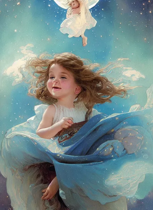 Image similar to a cute little girl with a round cherubic face, blue eyes, and short wavy light brown hair smiles as she floats in space with stars all around her. she is wearing a turquoise dress. beautiful painting by artgerm and greg rutkowski and alphonse mucha