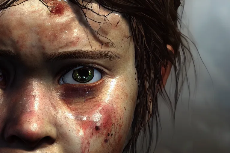 Image similar to an amazing photo, extreme close-up of the face of a young ellie from The last Of Us, award winning photo, very detailed, cinematic, beautiful lighting effects