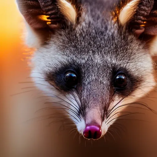 Image similar to a low angle photo of a possum fox hybrid, at the golden hour, sunset, sunrise, warm lighting, strongshadows, photo by slim aarons, award winning, 4 k, from below, worms - eye - view, low angle