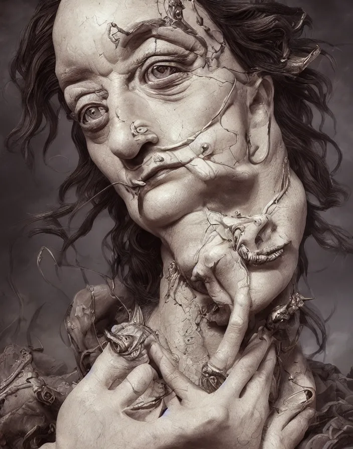 Image similar to Salvador Dalí grotesque portrait, D&D, fantasy, intricate, elegant, highly detailed, digital painting, artstation, concept art, smooth, sharp focus, high detail, octane render, 8k