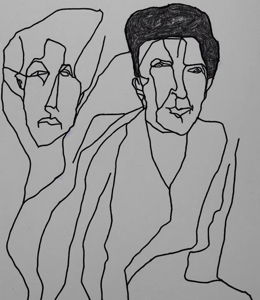 Prompt: minimalist line art portrait of leonard cohen, inspired by egon schiele. contour lines, freestyle twirls and curves, musicality, quick sketch