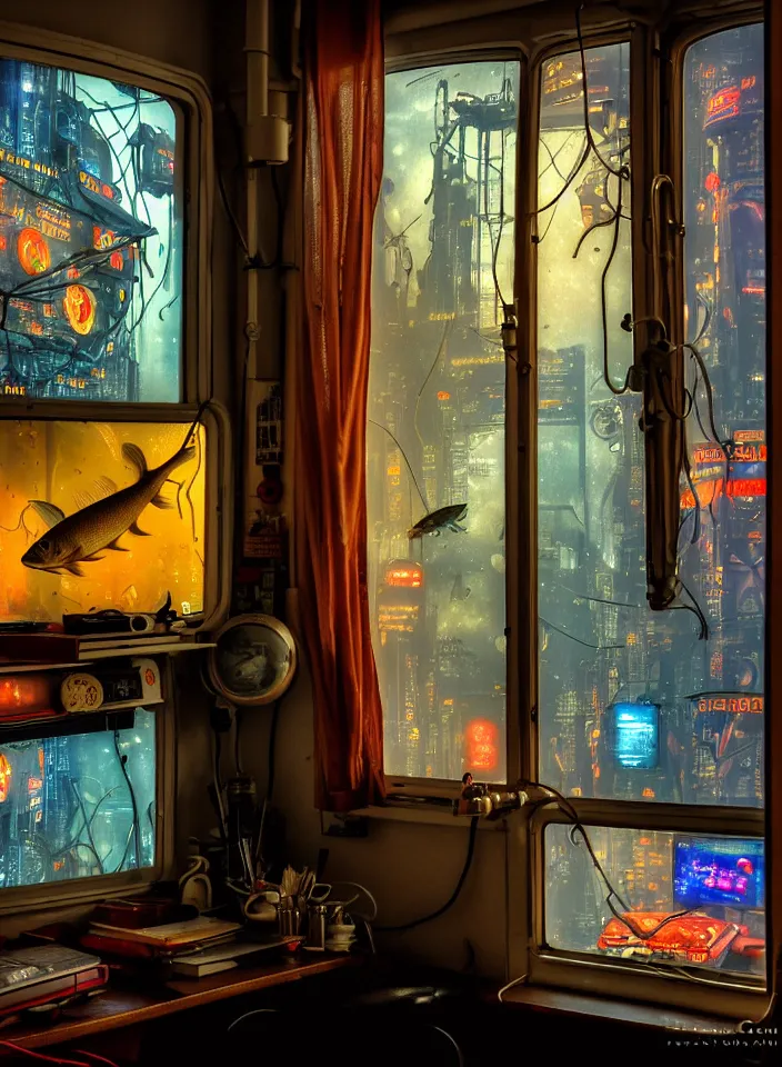 Image similar to telephoto 7 0 mm f / 2. 8 iso 2 0 0 photograph depicting the feeling of chrysalism in a cosy cluttered french sci - fi ( ( art nouveau ) ) cyberpunk apartment in a dreamstate art cinema style. ( ( computer screens, window rain, sink ( ( ( fish tank ) ) ) ) ), ambient light.