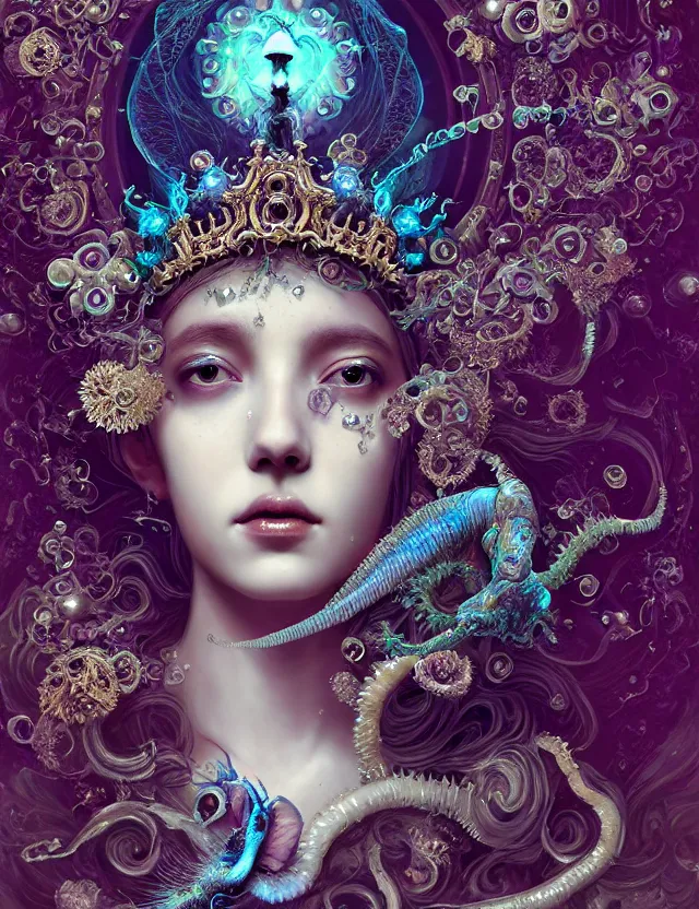 Image similar to baroque bedazzled gothic royalty frames surrounding a goddess macro close - up portrait wigh crown made of ram skull. betta fish, jellyfish phoenix, bioluminiscent, plasma, ice, water, wind, creature, super intricate ornaments artwork by tooth wu and wlop and beeple and greg rutkowski