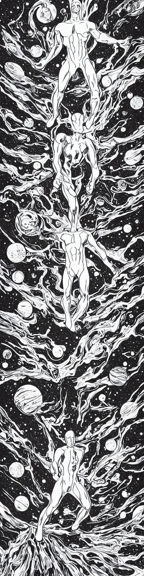 Prompt: silver surfer in space hovering above earth, by james jean, black and white, pencil drawing,