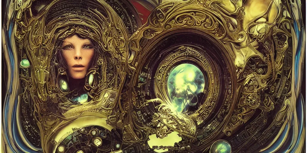 Prompt: portrait of alien made with porcelain by Jeff Easley and Peter Elson + beautiful eyes, beautiful face + symmetry face + border and embellishments inspiried by alphonse mucha, fractals in the background, galaxy + baroque, gothic, surreal + highly detailed, intricate complexity, epic composition, magical atmosphere + masterpiece, award winning + trending on artstation