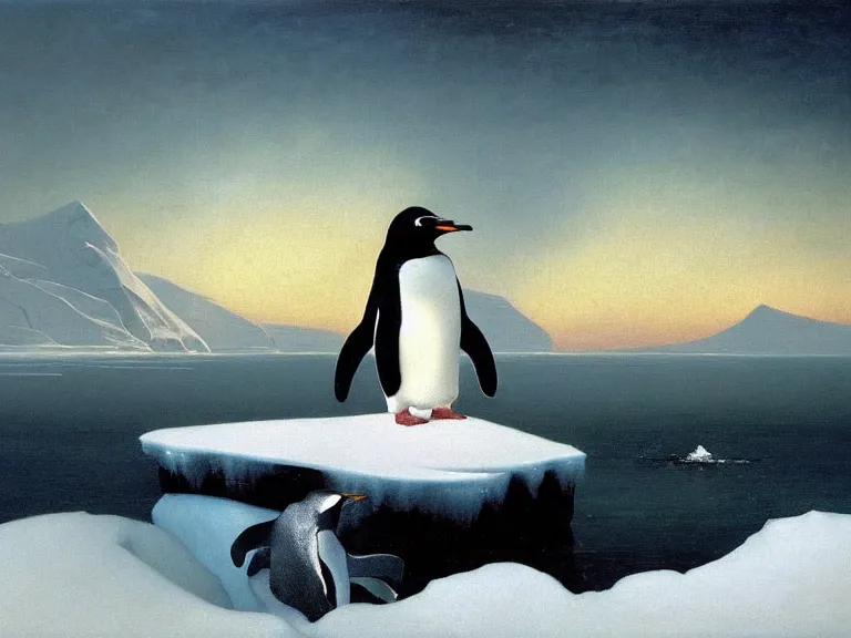 Image similar to an oil painting of a penguin playing in pure white snow on an iceberg in a serene ocean at dusk. aurora. by tuomas korpi moebius and carl spitzweg. baroque elements. intricate artwork by caravaggio. oil painting. oil on canvas. award winning. dramatic. trending on artstation. 8 k