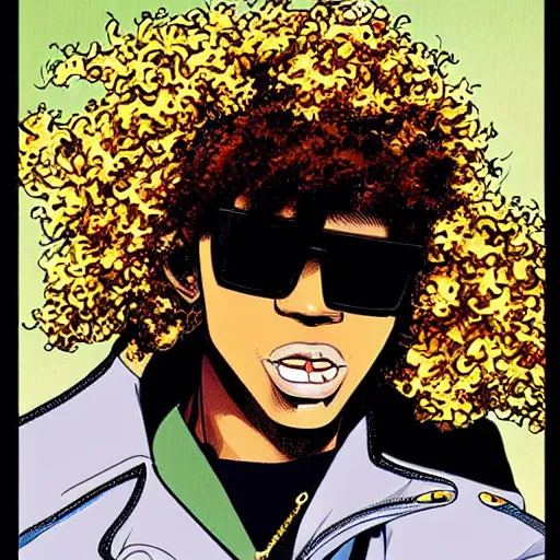 Image similar to a cool freckled black dude wearing shades with golden frizzy hair by masamune shirow