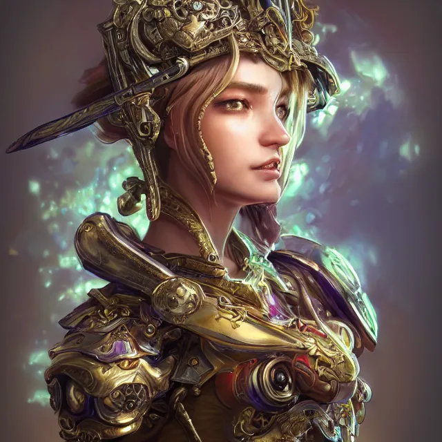 Image similar to studio portrait of lawful good colorful female holy mech paladin as absurdly beautiful, elegant, young sensual pretty woman, ultrafine hyperrealistic detailed face illustration by kim jung gi, irakli nadar, intricate linework, sharp focus, bright colors, matte, octopath traveler, final fantasy, unreal engine highly rendered, global illumination, radiant light, intricate environment