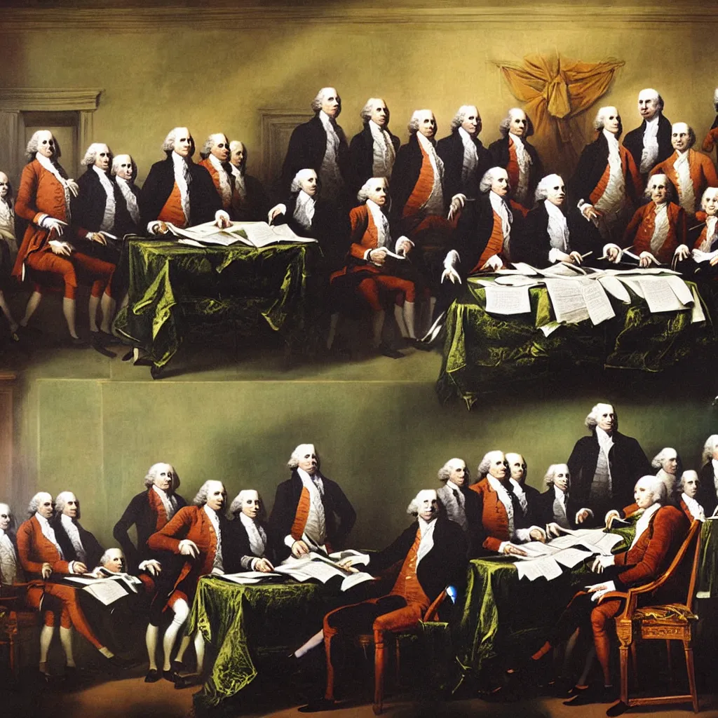 Image similar to the founding fathers as cats signing the declaration of independence, by john trumball