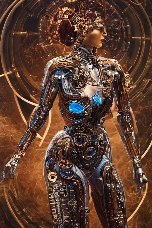 Image similar to a beautiful mechanized feminine android goddess of the quantum realm, westworld, photorealistic, intricate detail, elaborate machinery, clockwork, torn tapestry, swirling smoke, ember particles, regal design, royal relief