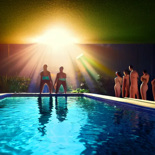 Image similar to a group of friends about to dive in a swimming pool ultra realistic, lens flare, atmosphere, glow, detailed, intricate, full of colour, cinematic lighting, trending on artstation, 4 k, hyperrealistic, focused, extreme details, unreal engine 5, cinematic, masterpiece, ultra realistic, hyper realistic, highly detailed, sharp focus, digital art
