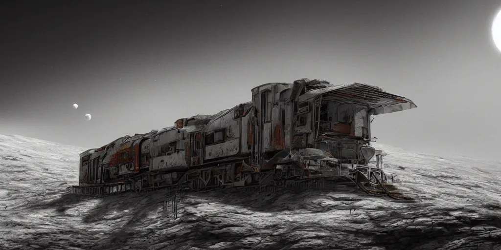 Image similar to digital art, trending on artstation, an old broken train on the moon, lunar landscape, moody