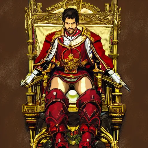 Prompt: modern self portrait of man sitting on throne, legs crossed, while holding a sword, white man, hispanic, brown hair, light skin, golden throne, red robes, 8 k, hi - rez, circles, lamented, clear, brown eyes, colored, sharp, illustrated by yoji shinkawa