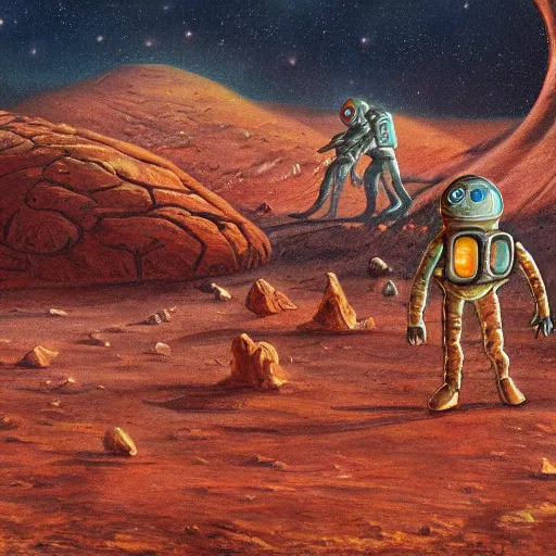 Image similar to android walking on mars, alien village in background, mike mignogna, highly detailed, oil painting, comic book cover, dark, rich colors, vintage sci fi, 1 9 8 0 s, 1 9 7 0 s, retrofuture, trending on artstation