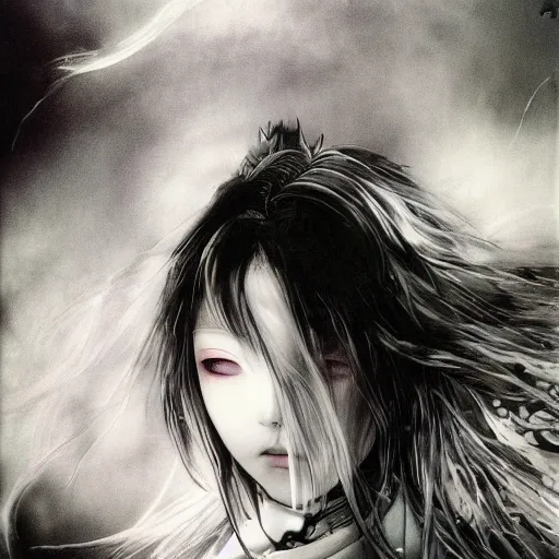 Image similar to Yoshitaka Amano blurred and dreamy illustration of an anime girl with a pirate eye patch, wavy white hair and cracks on her face wearing elden ring armour with the cape fluttering in the wind, abstract black and white patterns on the background, noisy film grain effect, highly detailed, Renaissance oil painting, weird portrait angle