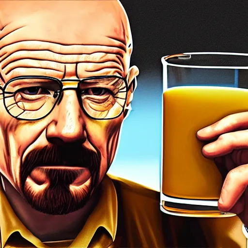 Image similar to portrait of walter white drinking orange juice, digital art, highly detailed and intricate, realistic and 8 k