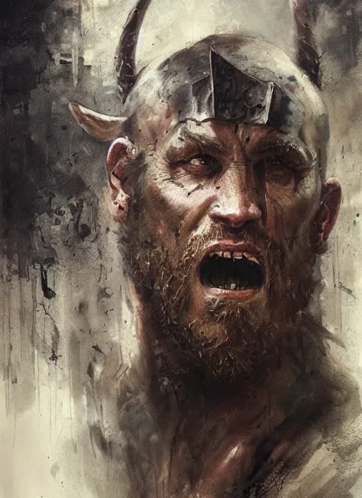 Image similar to portrait painting of viking berserker with a dinosaur tattoos, by jeremy mann, only one head single portrait