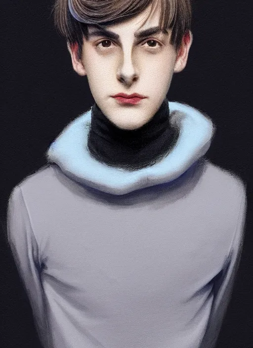 Image similar to portrait of teenage jughead jones wearing a light grey crown, crown, blue turtleneck, 1 9 5 0 s, closed eyes, photorealistic, black hair, glowing lighting, intricate, elegant, glowing lights, highly detailed, digital painting, artstation, concept art, smooth, sharp focus, illustration, art by wlop, mars ravelo and greg rutkowski