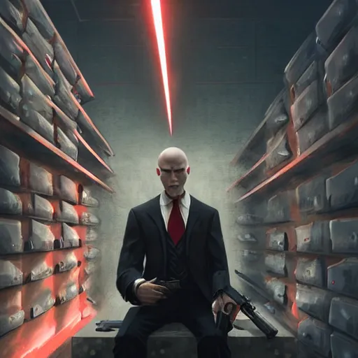 Image similar to a portrait of agent 4 7 from hitman sitting in front of a wall of guns, realistic illustration, dark background, red rim light, highly detailed, digital art, artstation, concept art, smooth, sharp focus, greg rutkowski, wlop