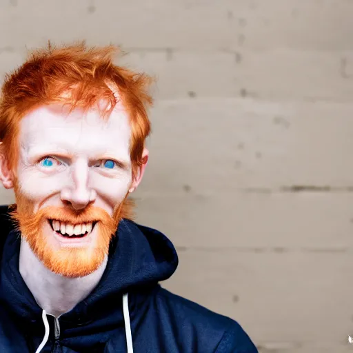 Image similar to photo of a skinny tall ginger men with enormous yellow crooked teeth, ugliest man alive, 8 5 mm, f / 1. 3