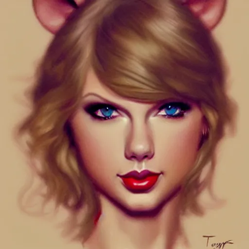 Image similar to Taylor Swift is just a cute little mouse, just a cute little thing, Taylor Swift face, mouse body, blush, high focus, wood paneling, warm lighting, by Artgerm and greg rutkowski, deviantart