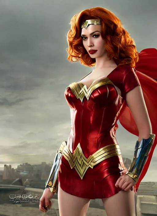 Image similar to full length photo of gorgeous christina hendricks dressed as wonder woman in the style of stefan kostic, realistic, sharp focus, 8k high definition, insanely detailed, intricate, elegant, art by stanley lau and artgerm