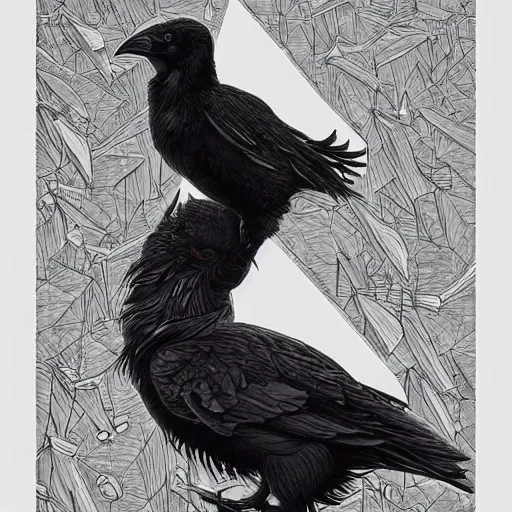 Image similar to a simple crow painting by Android Jones and M. C. Escher collaboration, futurist, digital art, dramatic lighting