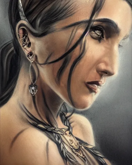 Image similar to realism tattoo sketch of anna jagodzinska as a beautiful greek goddess aphrodite with piercing eyes wearing a laurel wreath and triangle earrings, in the style of greg rutkowski, amazing detail