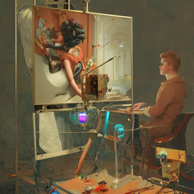 Image similar to robot artist painting a self - portrait on a canvas. intricate, highly detailed, digital matte painting in the style of sachin teng, and in the style of hans thoma, and in the style of gil elvgren. irony, recursion, inspiration.