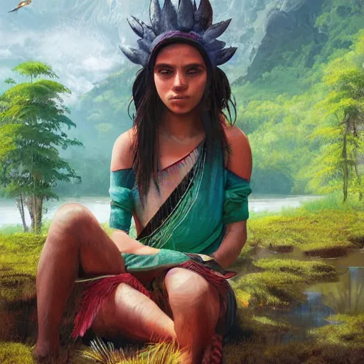 Image similar to Fusion of human and bird, wearing Inka clothes, sitting at a pond, mountainous area, trees in the background, oil painting, by Fernanda Suarez and Greg Rutkowski