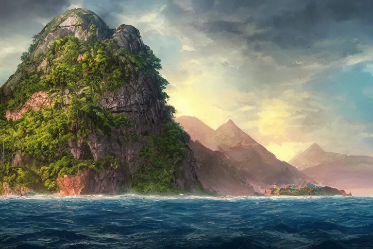 Prompt: an island from afar with forests and a mountain in open ocean, art by john avon, artstation, highly detailed, magic the gathering art