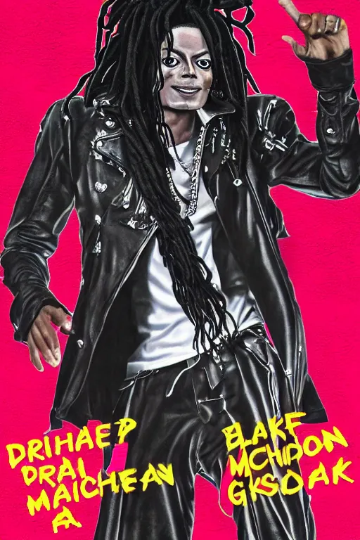 Image similar to michael jackson poster as a black rapper 1 9 7 0 s, dreadlocks, tattoos, dancing, poster tour, art work, ripped, 6 pack, rapping, grime, michael jackson, uhd, sharp, detailed, cinematic 4 k